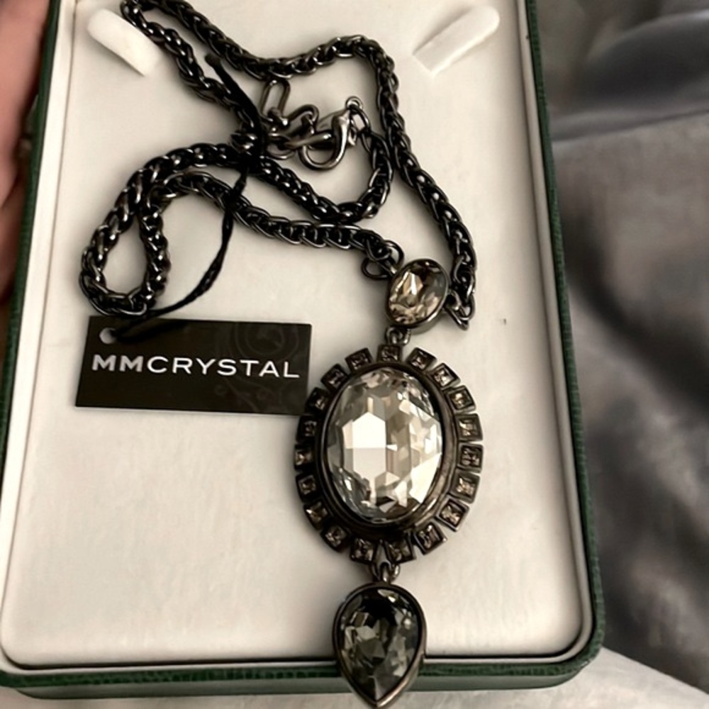 175. MM CRYSTAL Large Crystal Pendant Necklace on drk graphite chain 20 inch